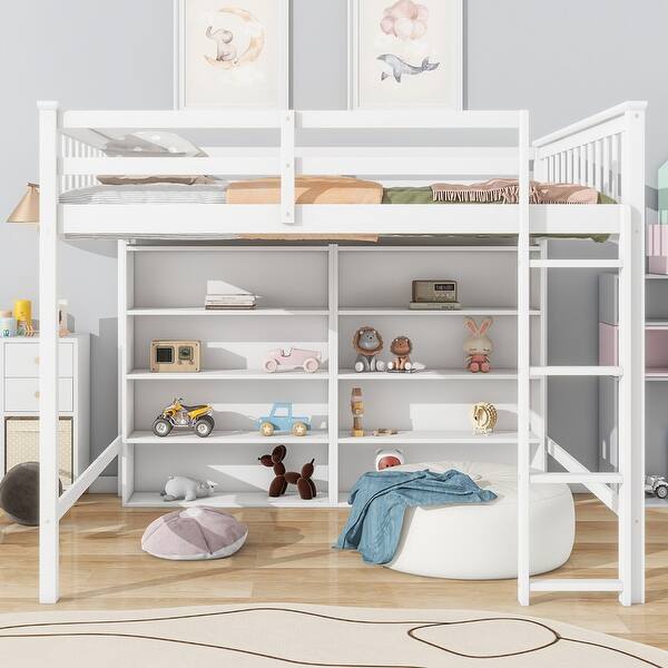 slide 2 of 18, Full Size Loft Bed with 8-Open Storage Shelves, Wooden Kids Loft Bed Frame with Built-in Ladder, White White