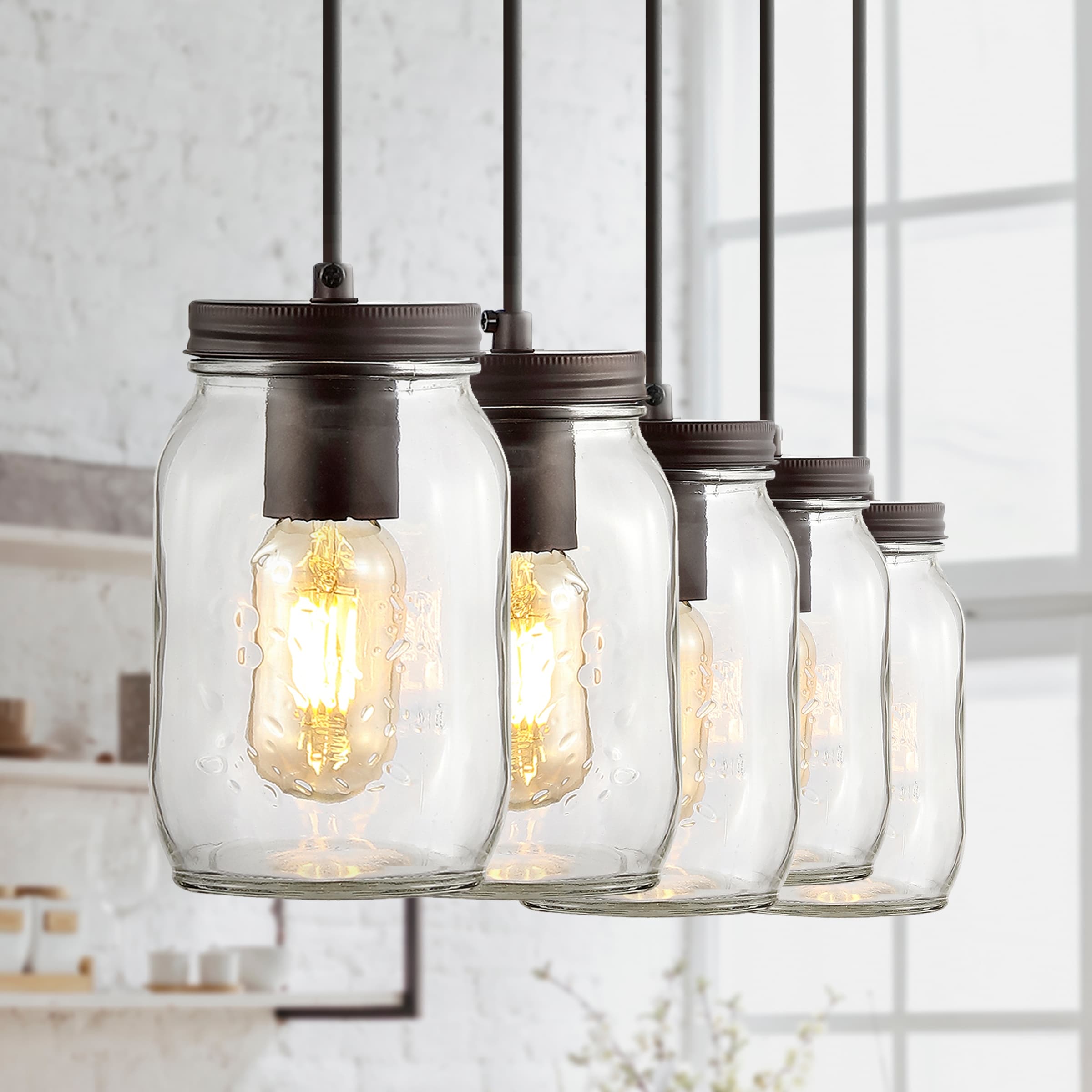 JONATHAN Y Gaines 33.25" 5-Light Farmhouse Industrial Iron Mason Jar Linear LED Pendant, Oil Rubbed Bronze/Clear