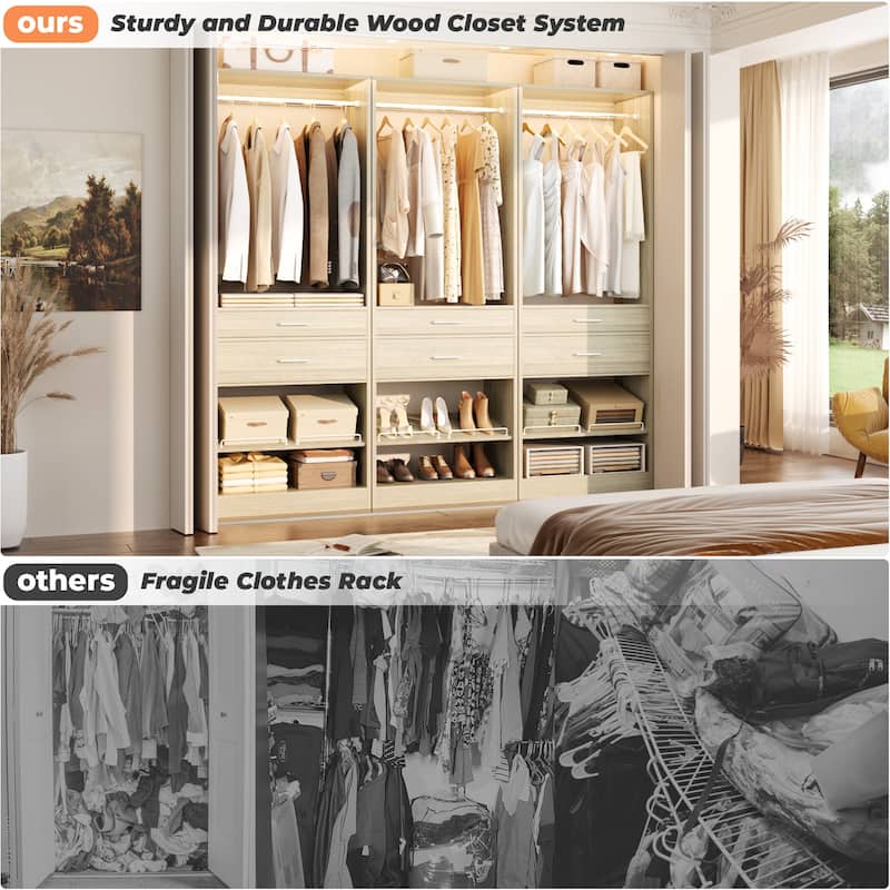 25'' W Freestanding Closet System with 2 Wooden Drawers and Adjustable Shoes Rack and Hanging Rod,Walk-in Closet Organizer