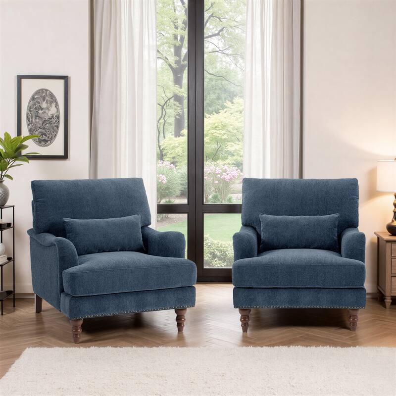 2 Piece Mid-Century Modern Oversized Accent Armchair Upholstered Chair - Navy