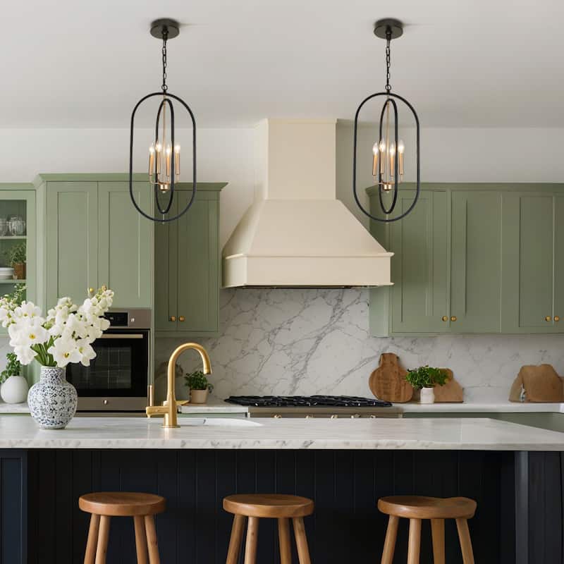 Modern Farmhouse 4-Light Black Gold Chandelier Metal Pendant Light for Dining Room - 14.5" L x 11" W x 29.5" H