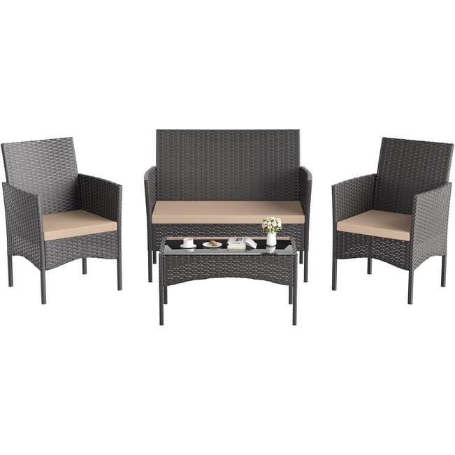 4-pieces Patio Furniture Set, Outdoor Conversation Set with Coffee Table. - Sand