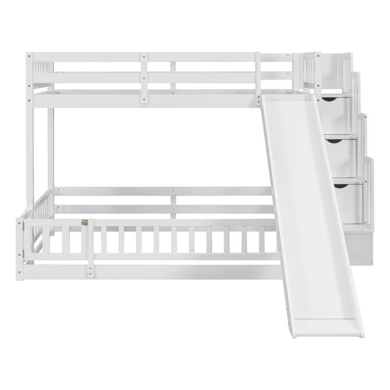 Twin Over Full Multifunctional Kids Bunk Bed Frame with Slide, Wooden Loft Bed with Storage Staircase and Guardrails