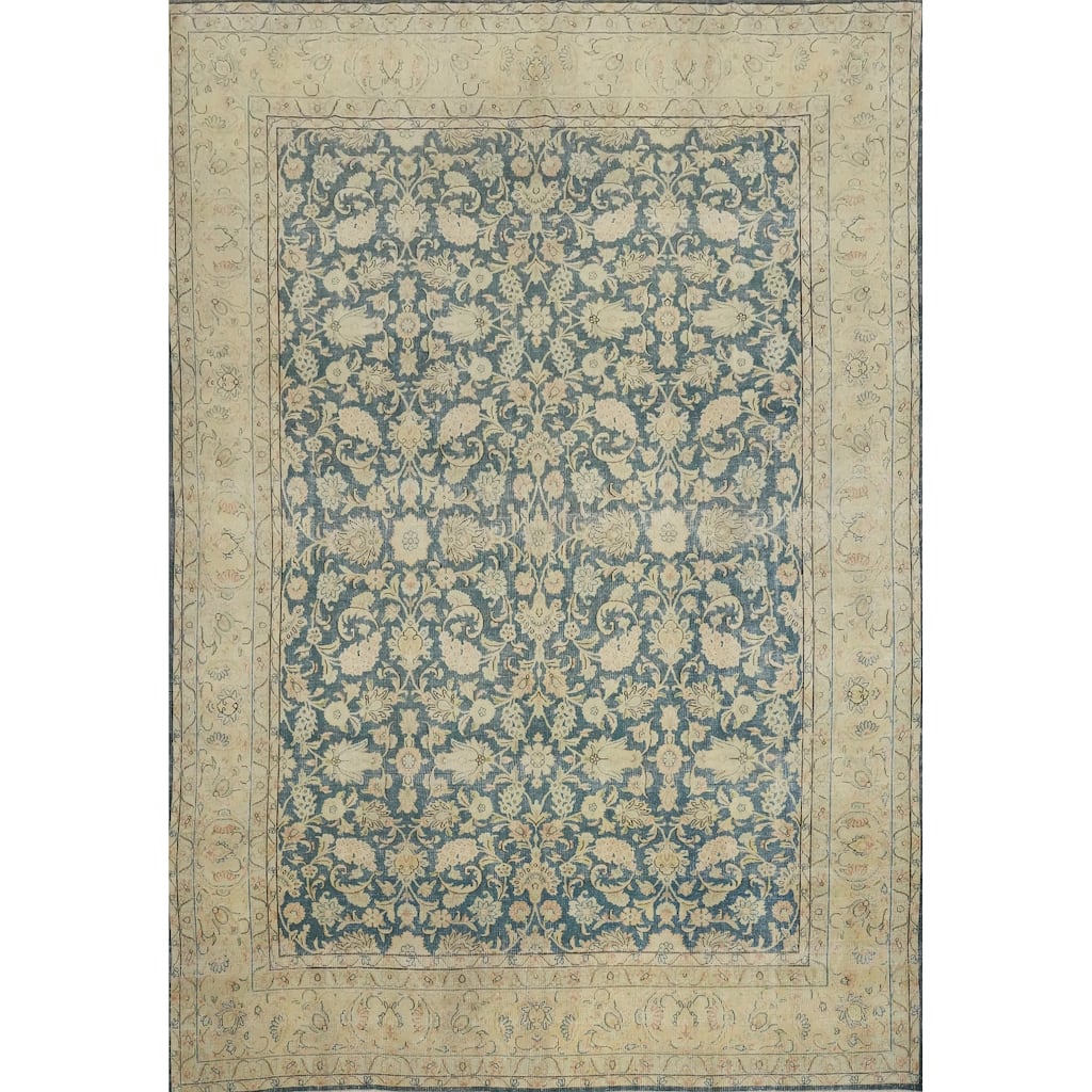Hand Knotted Oriental 100% Wool Carpet Traditional All-Over Navy Blue & Blues Tabriz Area Rug - 12' 7'' X 9' 8''