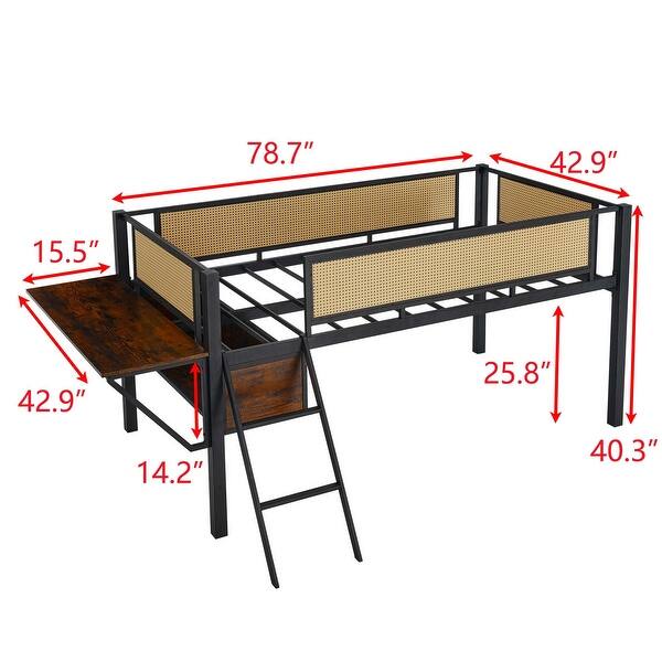 dimension image slide 1 of 4, Metal Loft Bed with Rectangular Desk LED Lights loft Bed Frame with Storage Shelves and Ladder, Black+Brown