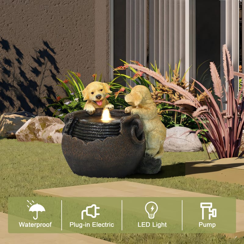 Puppy Love Farmhouse Resin Outdoor Fountain with Lights