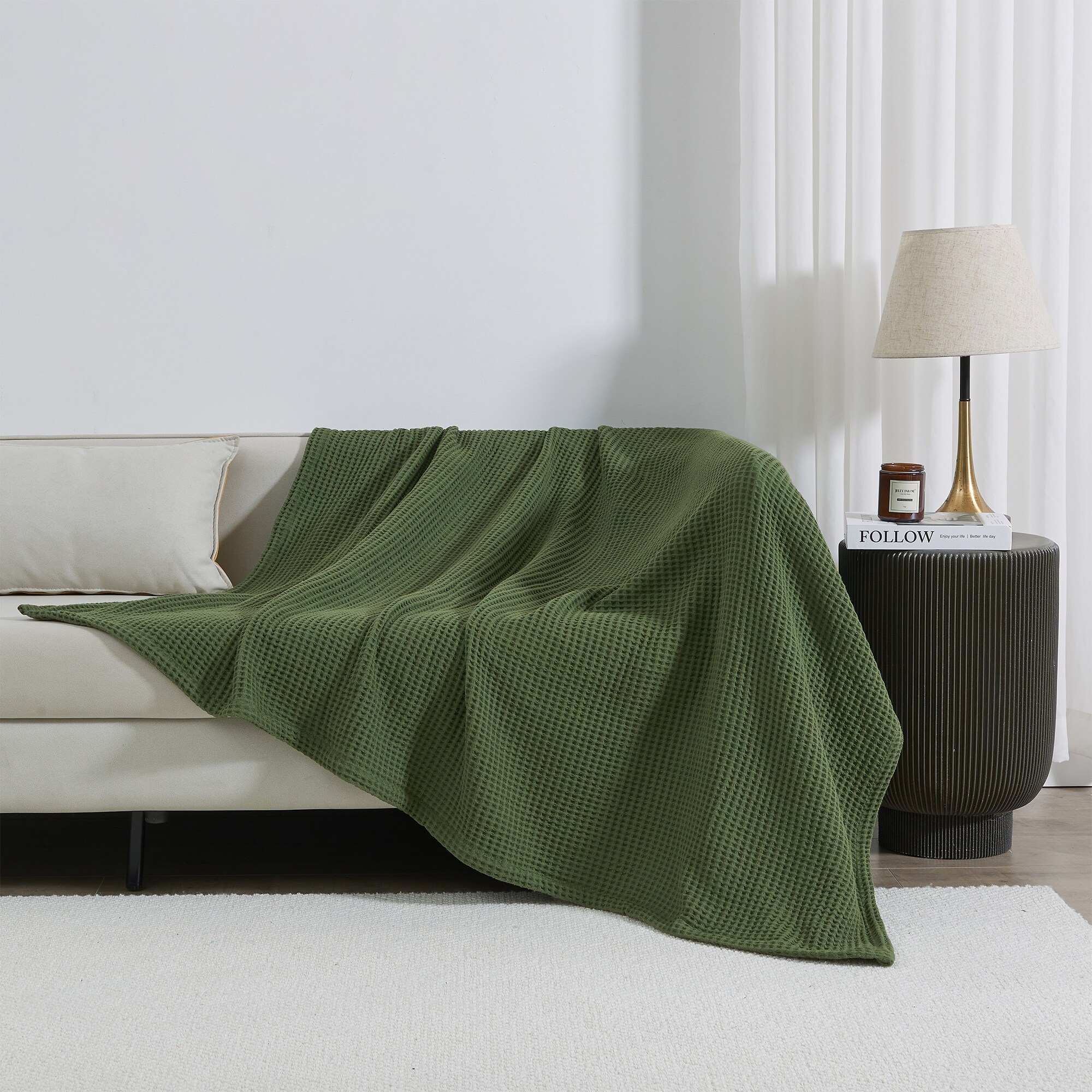 Linery Co. 100 Cotton All Season Lightweight Waffle Weave Knit Throw Blanket King Forest Green