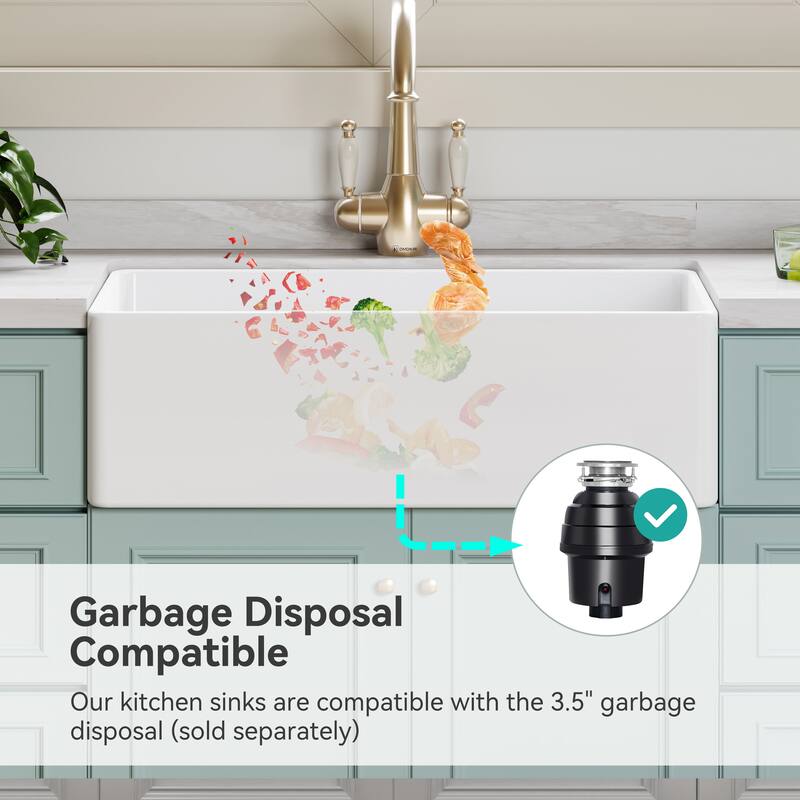 HOROW White Fireclay 33 in. Single Bowl Kitchen Sink Farmhouse Apron Front with Bottom Grid and Strainer - 33x20 Inch