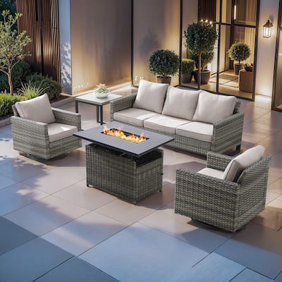 Outside Sofa Set with Grey Wicker Fire Pit Table - Grey Wicker Sofa Chair w/ Grey Wicker Fire Table