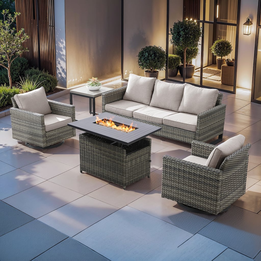 Outside Sofa Set with Grey Wicker Fire Pit Table - Grey Wicker Sofa Chair w/ Grey Wicker Fire Table