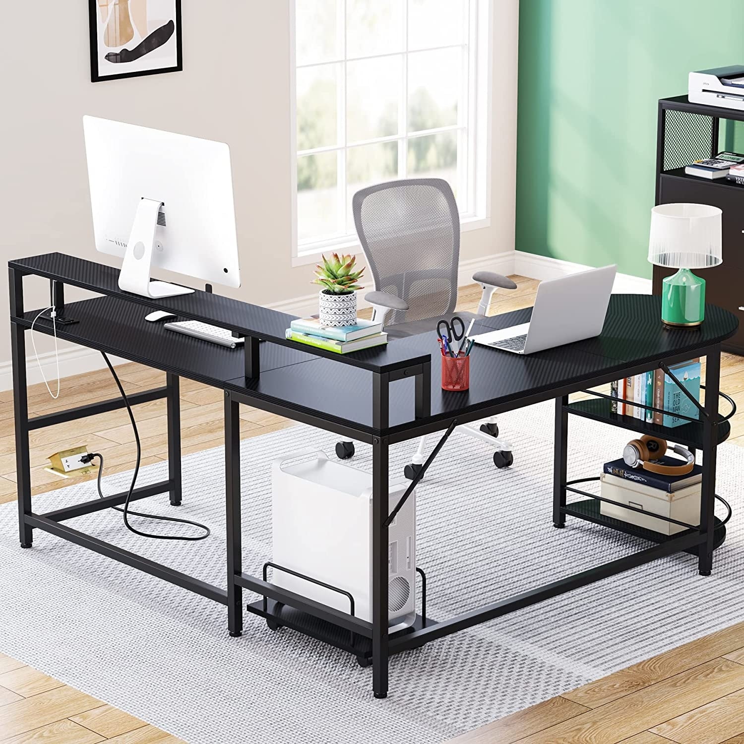 L shaped desk with outlet built in outlets