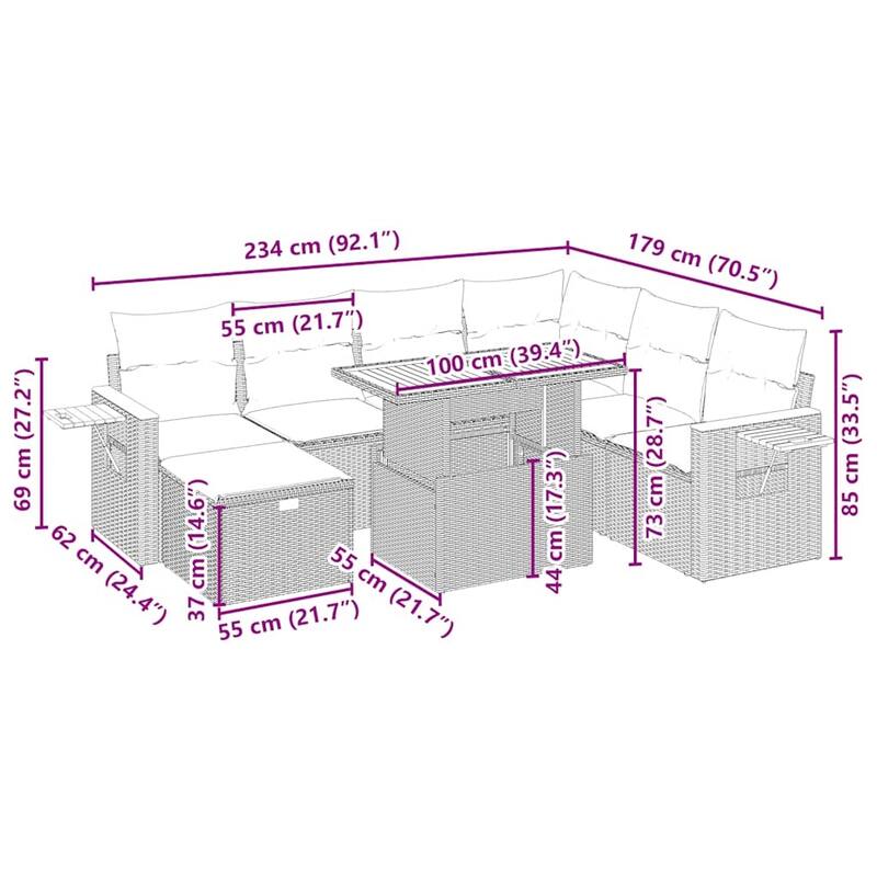 vidaXL Patio Sofa Set with Cushions Outdoor Furniture 8 Piece Poly Rattan - 21.7 x 39.4 x 28.7