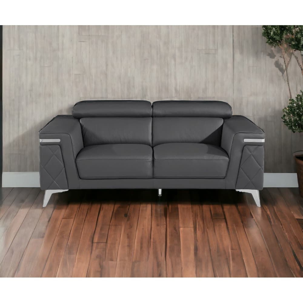 HomeRoots 70" Dark Gray And Silver Metallic Leather Loveseat