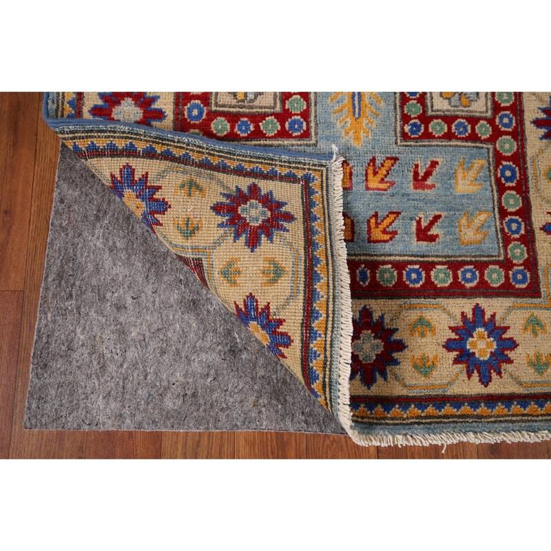 Light Blue Geometric Kazak Runner Rug Hand-Knotted Wool Carpet - 2'7" x 20'8"