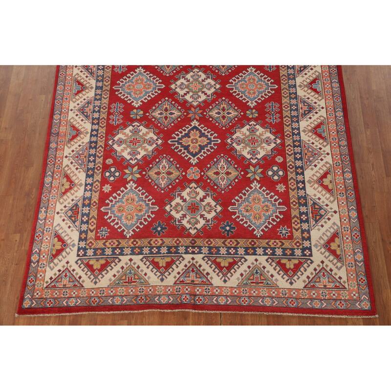 Geometric Kazak Area Rug Hand-Knotted Red Wool Carpet - 6'5" x 9'10"