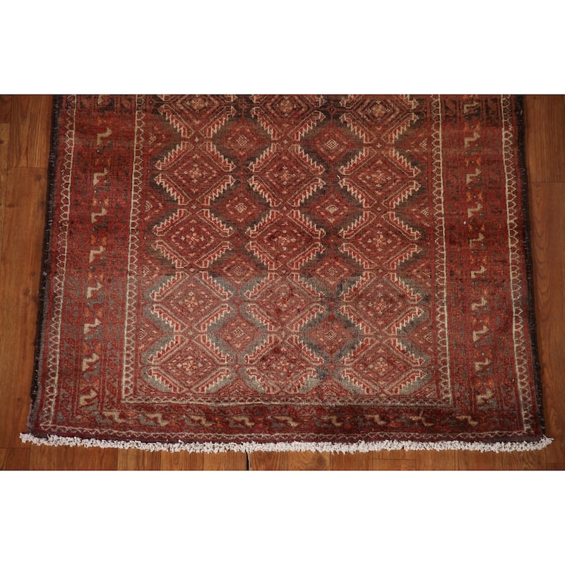 Geometric Balouch Persian Vintage Runner Rug Handmade Wool Carpet - 3'3"x 9'5"