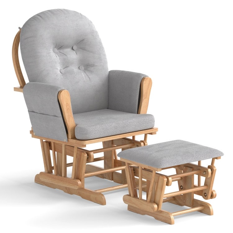Solid Wood Gliding Chair Set with Pockets and Ottoman for Relaxing - Natural