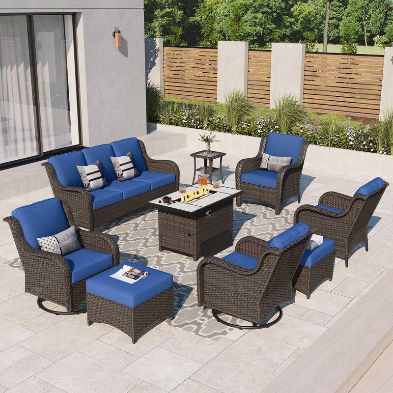 OVIOS 9-piece Patio Wicker Swivel Rocking Chair Set With Fire Pit - Navy Blue-Brown Wicker