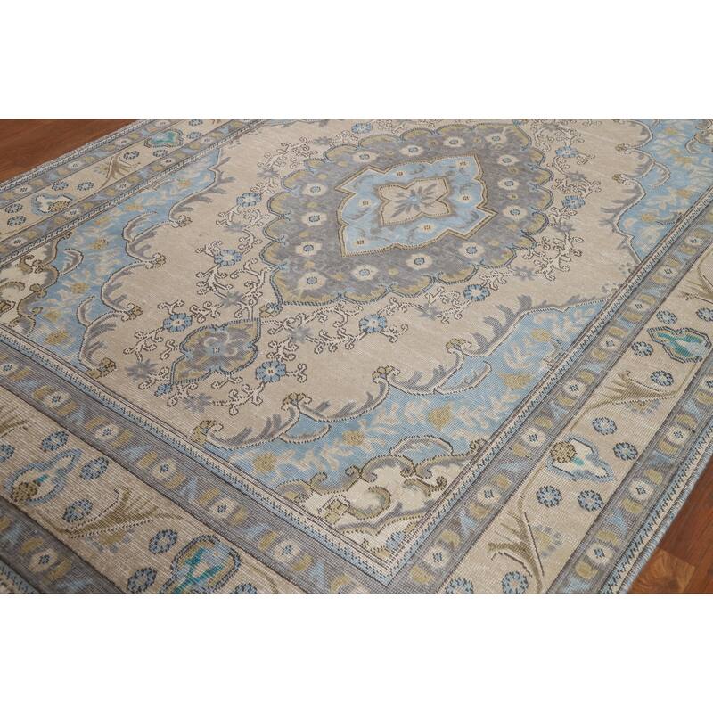Beige Geometric Tabriz Persian Vintage Rug Hand-Knotted Wool Carpet - 6'3" x 9'1"