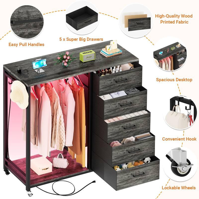 Rollway Dresser with Charge Station and LED Light,Chest With Drawers for Kids Room
