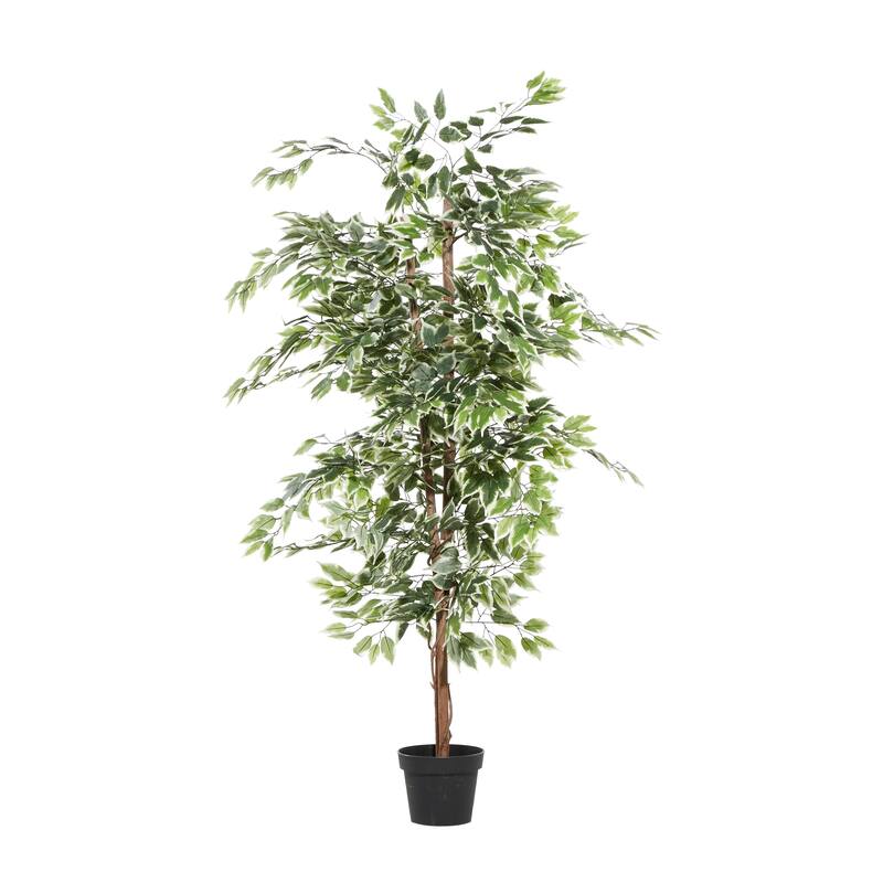 Green Faux Foliage Ficus Artificial Tree with Realistic Leaves and Black Plastic Pot