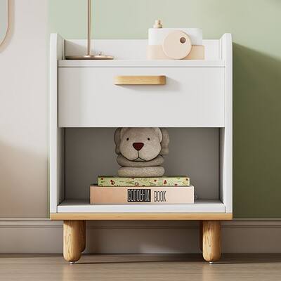 1-Drawer MDF Kids Nightstand in White with Open Storage Shelf