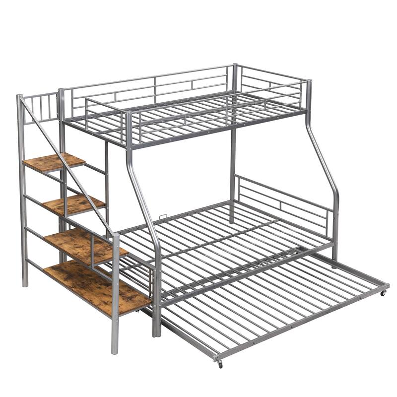 Twin Over Full Metal Bunk Bed with Trundle, Storage Staircase, and Guardrail