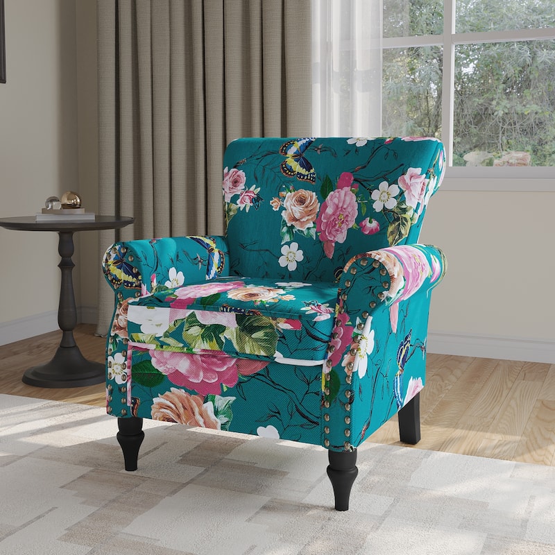 Mid-Century Modern Accent Chairs with Nailhead Trim - Linen - Pattern Blue