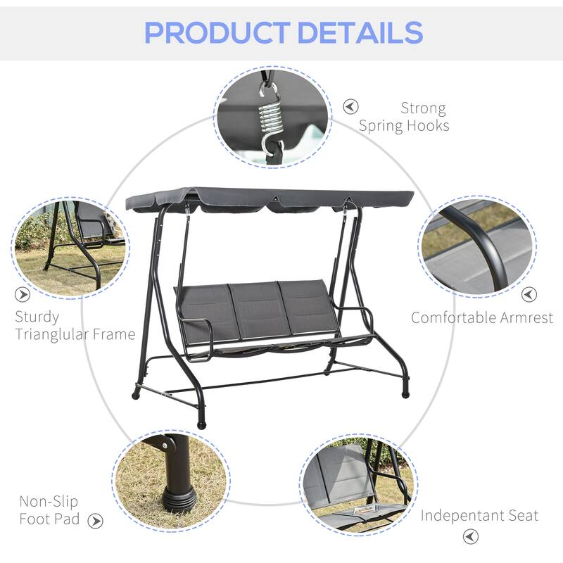 Outsunny 3-Seater Porch Swing Chair Outdoor Patio Bench for Deck with Adjustable Canopy, Padded Sling Fabric Seat