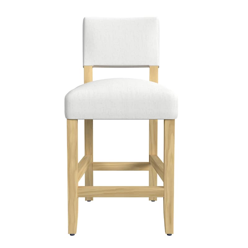 Bowo Counter Stool Chair, White Fabric Seat, Brown Hardwood Legs