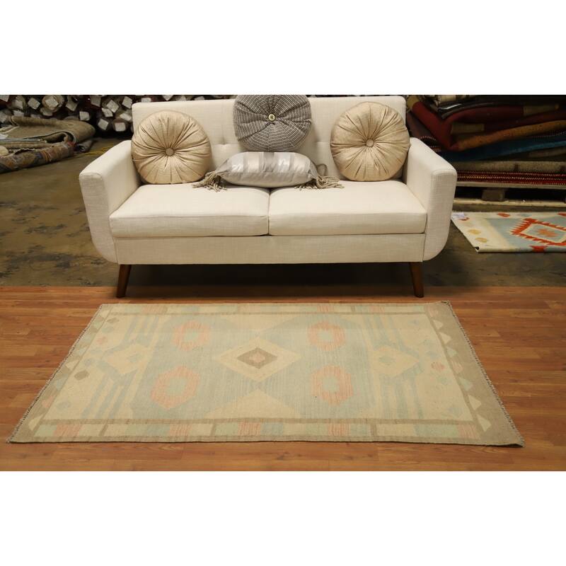 Hand Woven Oriental 100% Wool Carpet Southwestern Tribal Greys & Charcoal Kilim Area Rug - 5' 3'' X 3' 2''