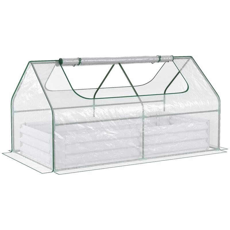 Outsunny Raised Garden Bed with Mini Greenhouse, Steel Outdoor Planter Box with Plastic Cover, Roll Up Window