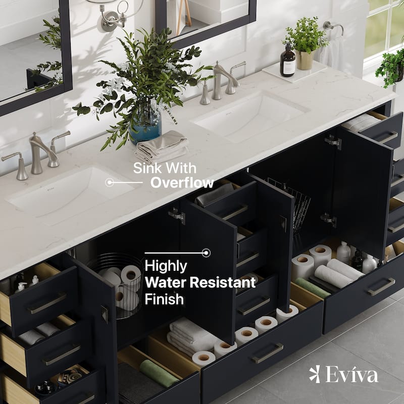 Eviva Storehouse 84"W x 22"D Bathroom Vanity with White Carrara Quartz Countertop and Undermount Porcelain Sink