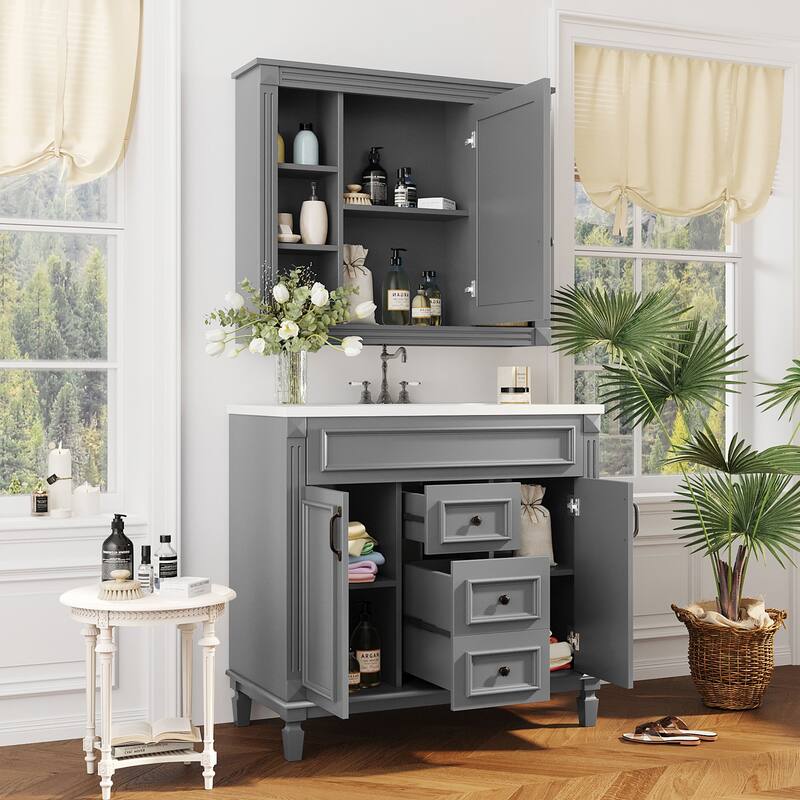 36'' Bathroom Vanity Combo Set with Mirror Cabinet, Modern Bathroom Storage Cabinet with 2 Soft Closing Doors and 2 Drawers