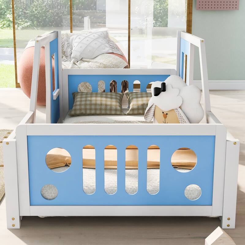 Twin Bed Frame Jeep Shaped Platform Bed Creativity Kids Bed Support Floor Bed Car Bed with 2 Doors and Windows Slat - Blue
