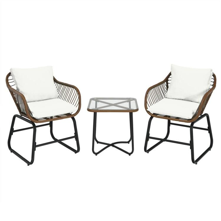 3 Pieces Patio Rattan Bistro Set Cushioned Chair Glass Table Deck - 22'' x 24.5'' x 31'' (L x W x H) - White