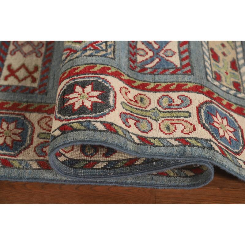 Light Blue Traditional Kazak Runner Rug Hand-Knotted Wool Carpet - 3'1" x 16'5"