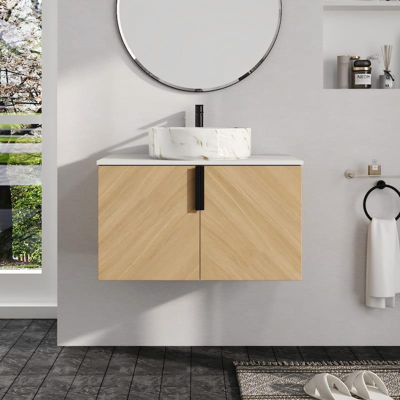 Malwee 30"/36" Floating Bathroom Vanity, Wall Mounted Bathroom Vanity with Ceramic Sink and Soft Close Door - Beige-White with Golden Lines Sink - 29.5"×18.9"×21.8"