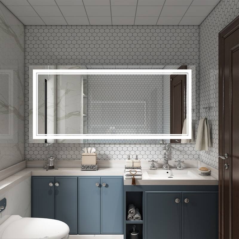 Retangular Wall Mounted LED Bathroom Mirror With Touch Switch Memory Mirror Anti-Fog (Horizontal/Vertical) - 60' W x 28'' H