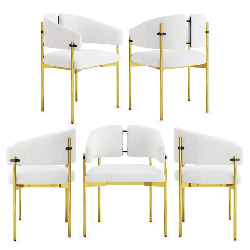 Classic and Luxurious Barrel Dining Chairs with Arms - Set of 5 - Polished Gold And White