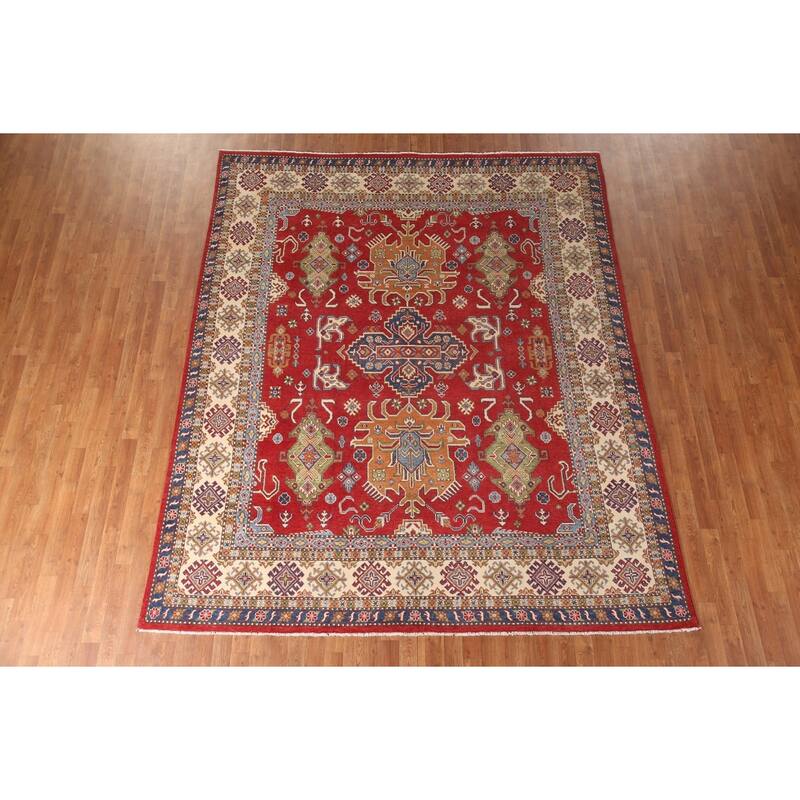 Geometric Kazak Oriental Area Rug Handmade Red Wool Carpet - 8'0" x 9'8"