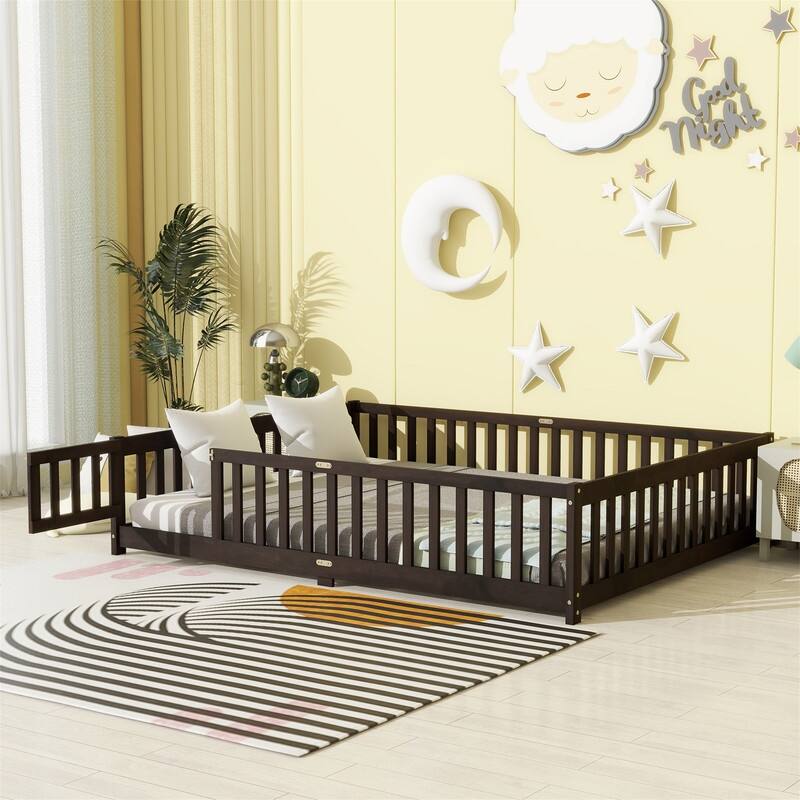 Twin/Full/Queen Size Floor Bed with Fence Guardrails and Door, Rubber Wood Toddler Bed Montessori Bed with Slats Support - Espresso - Queen
