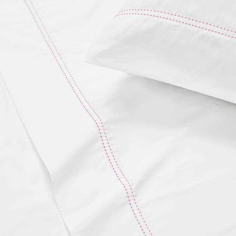 SCOUT Pick Stitch Cotton Percale Sheet Set - Twin - White/Pink Lemonade