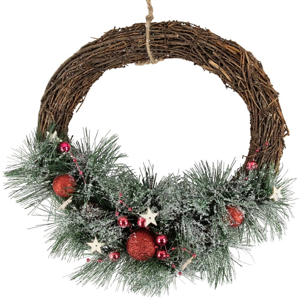 Red Ornaments, Pine Needle & Stars Frosted Christmas Wreath, 13.75-"