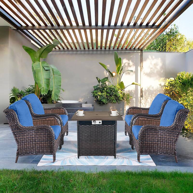 Pocassy Patio Chairs with Fire Pit Table Sets - Brown - Blue