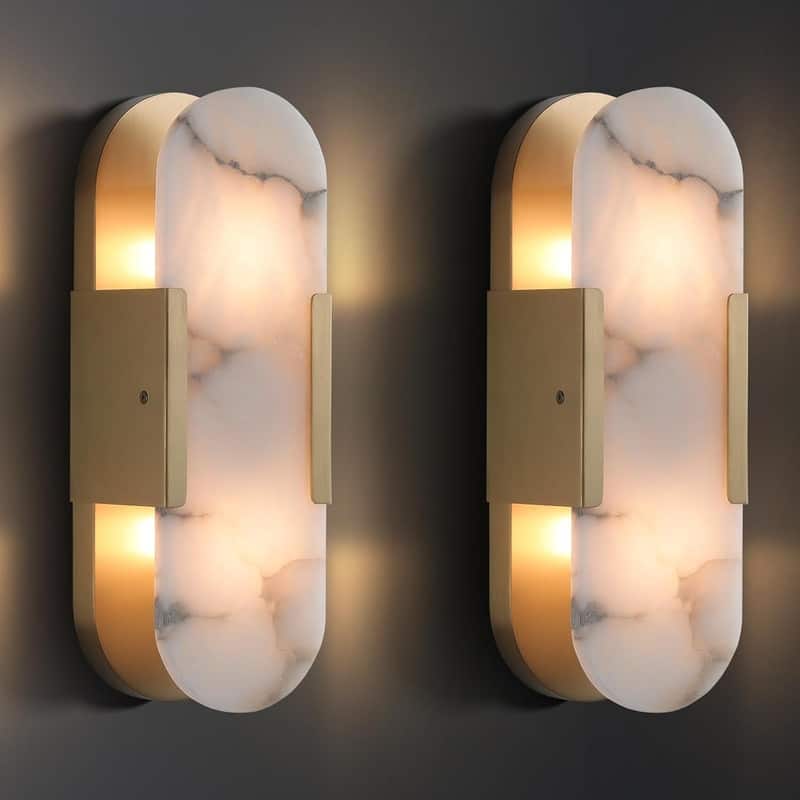 KAYLA 13.8 in. 2-Lights Gold Modern Vanity Light with Luxury Marble Shade(Set of 2) - Gold