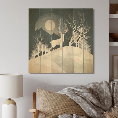 Designart 'Majestic Deer In The Winter Woods II' Animal Deer Landscape Wood Wall Art - Natural Pine Wood