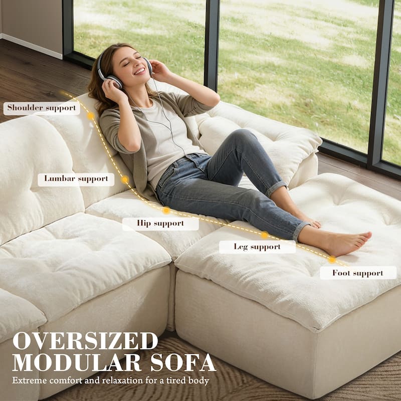 Rossetta L-Shaped Modular Chenille Cushioned Extreme Comfort Sofa with Detachable Backrest and Armrests, 1 Removable Ottoman