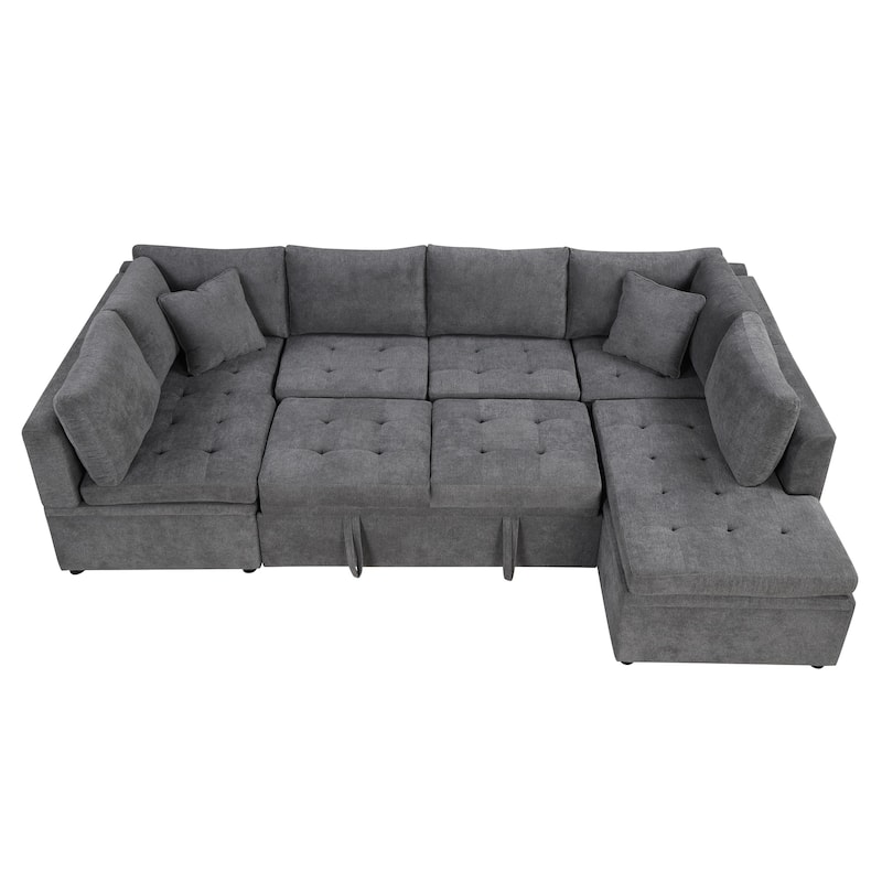 117.3" Oversized U-shaped Pull-out Sofa Bed, Gray Chenille, 2 Pillows