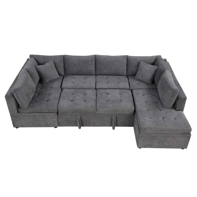 Grey 117" U-Shaped Oversized 6-Seater Sectional Sofa with Chaise, Pull-Out Bed, and 2 Detachable Throw Cushions for Comfort
